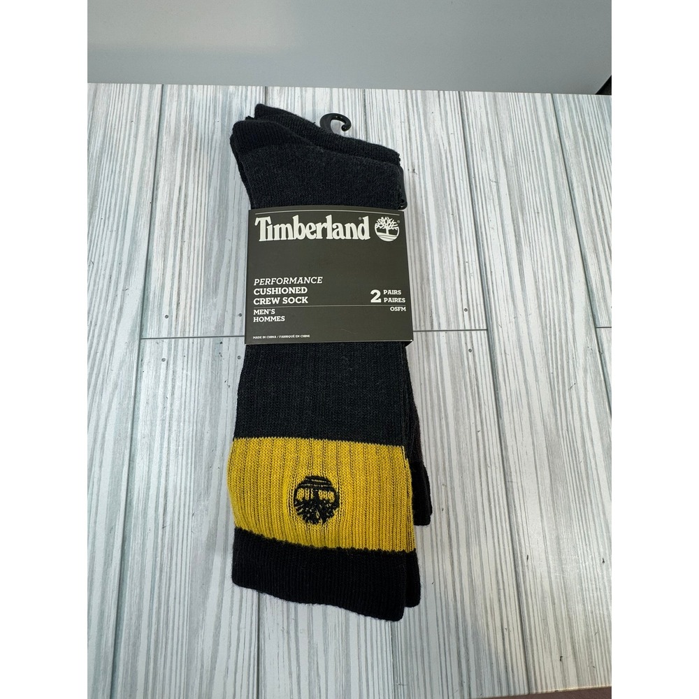 Timberland Mens 2 Pair‎ Performance Cushioned Crew Socks One Size Black Yellow